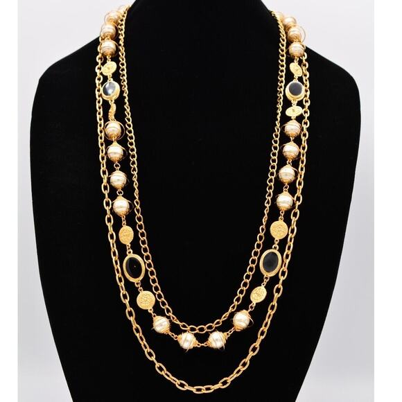 Vintage Multi-Chain Necklace Gold Black Glass Inlay Caged Pearl Chunky 80s Bin5